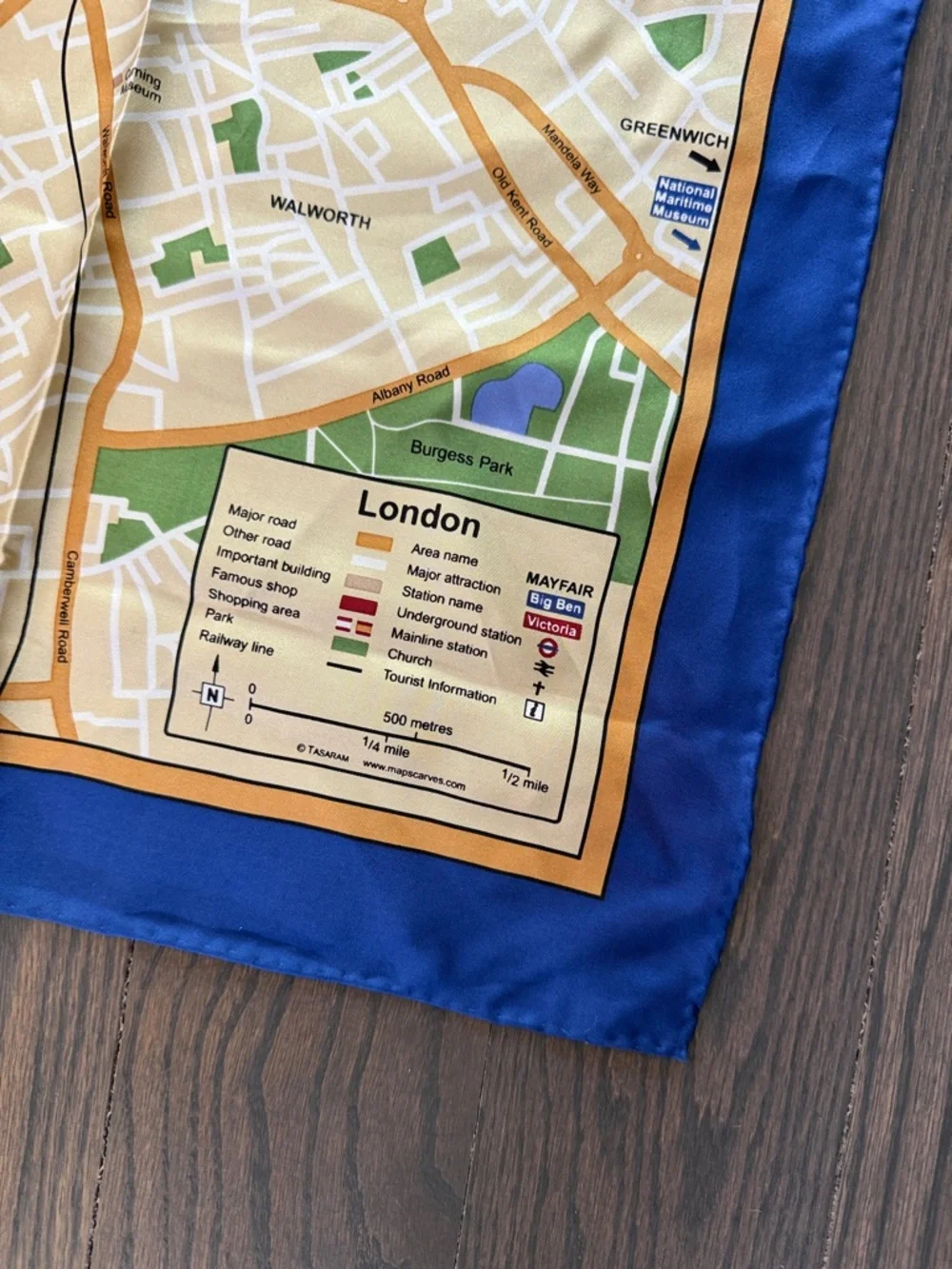 Silk Map of London Scarf in Navy Border, Cream Background by Tasaram. Beautiful.